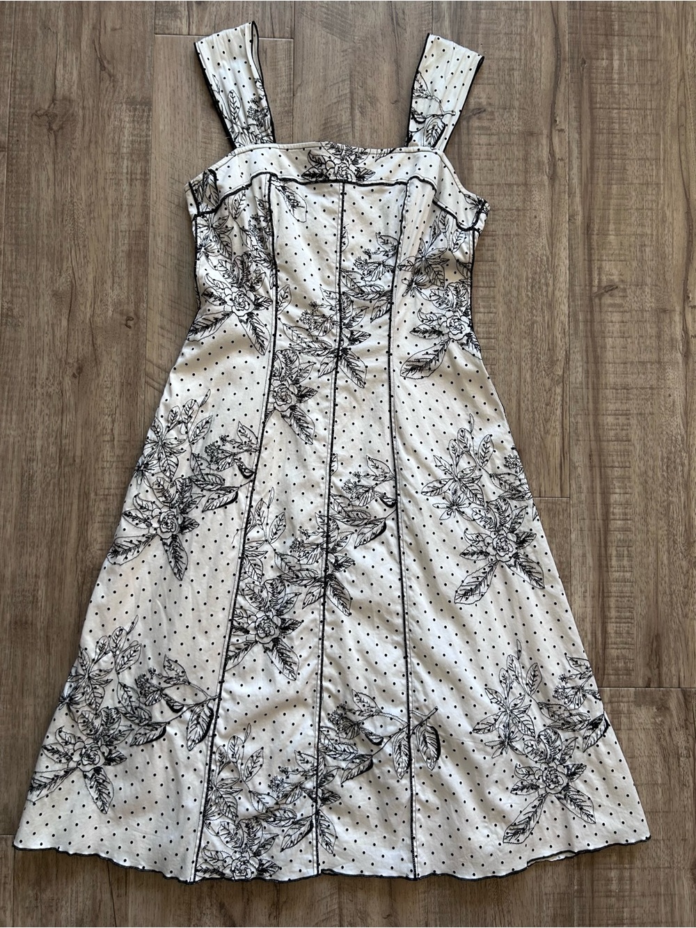 Embroidered cotton Classic White & Black Floral Midi Dress timeless polka dot